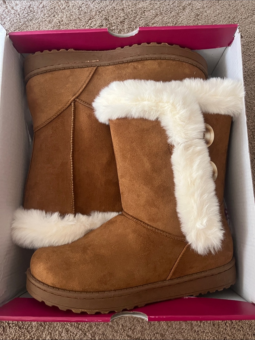 Chestnut Faux Suede Winter Boots with Cream Faux Fur Trim
